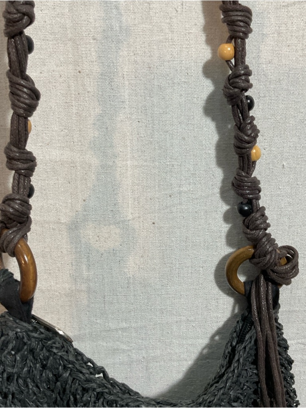 SUN N SAND Black woven straw Crossbody bag. Boho beaded shell charms - Picture 6 of 6